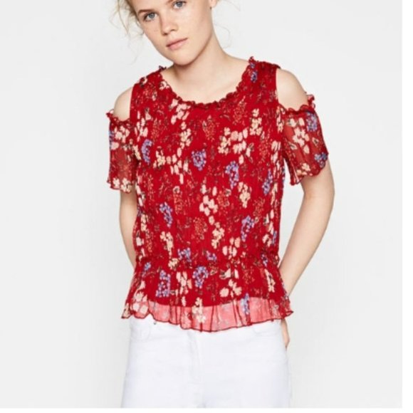 Zara Red Cold Shoulder Floral Top Sz Large - Picture 5 of 5